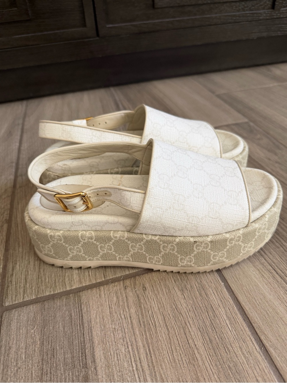 Gucci Angelina GG Canvas Monogram Slingback Platform Sandals